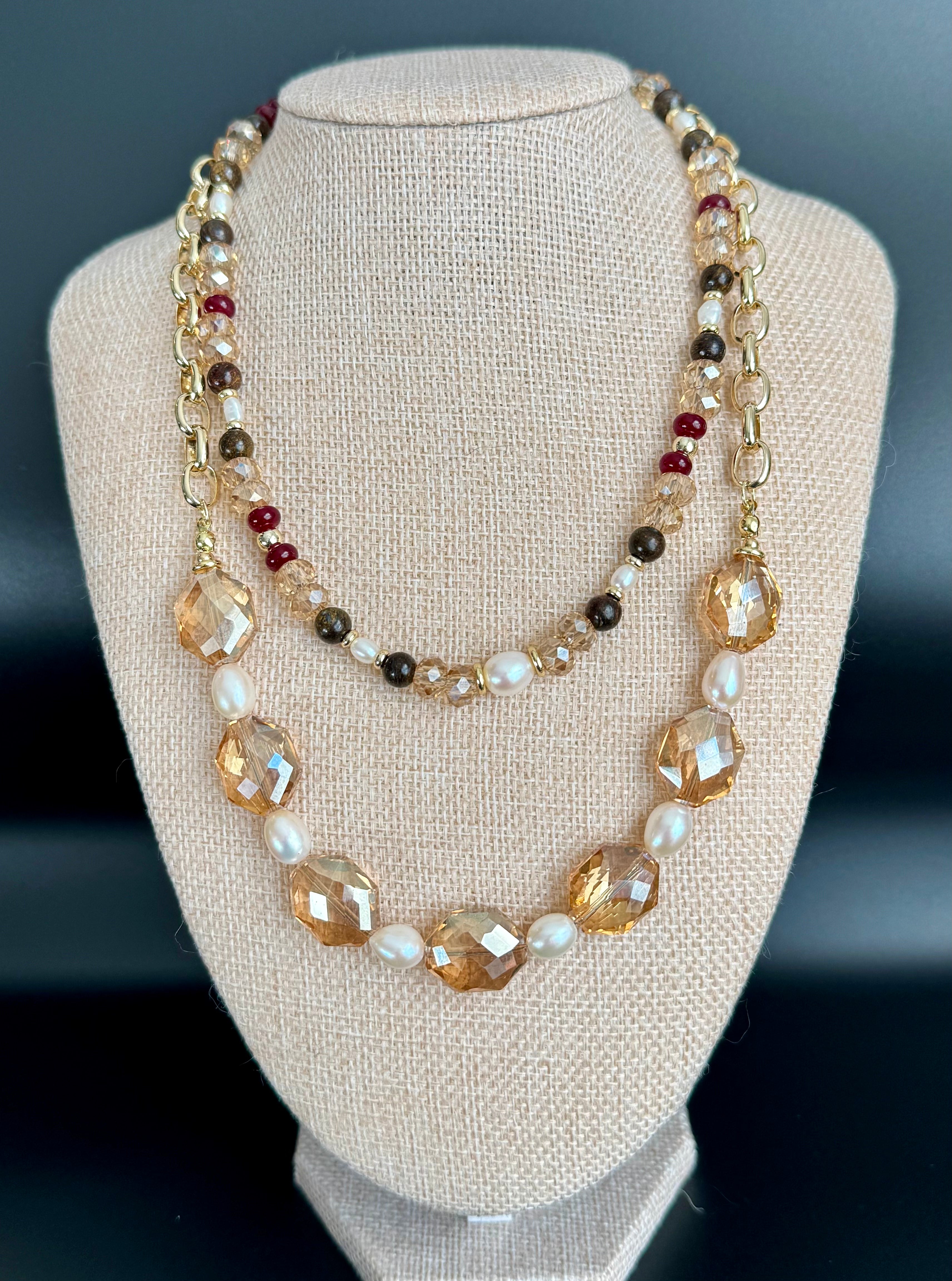 Golden Light - Glass Bead & Freshwater Pearl Necklace